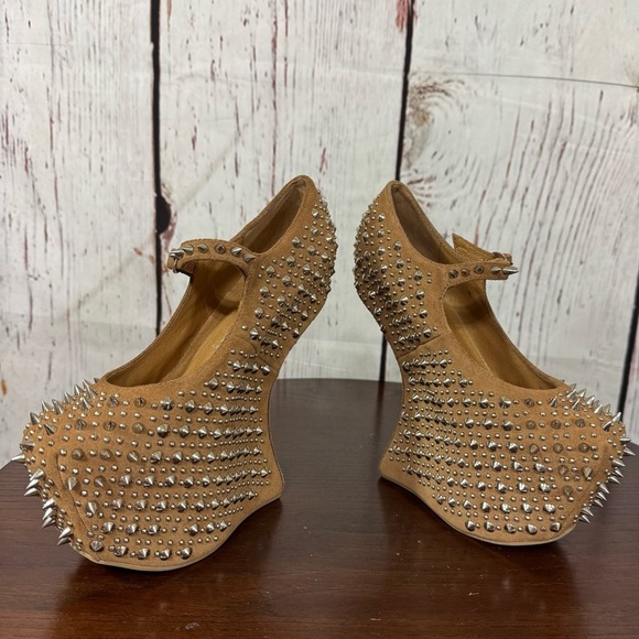 JEFFREY CAMPBELL NIGHT WALK PRICKLY Studded Tan Suede heelless Platforms 6 New - Picture 7 of 17